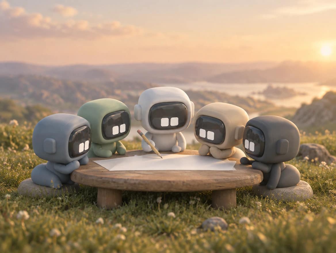 The five Cofoundy partners around a table on a hilltop, all reading the same sheet of paper