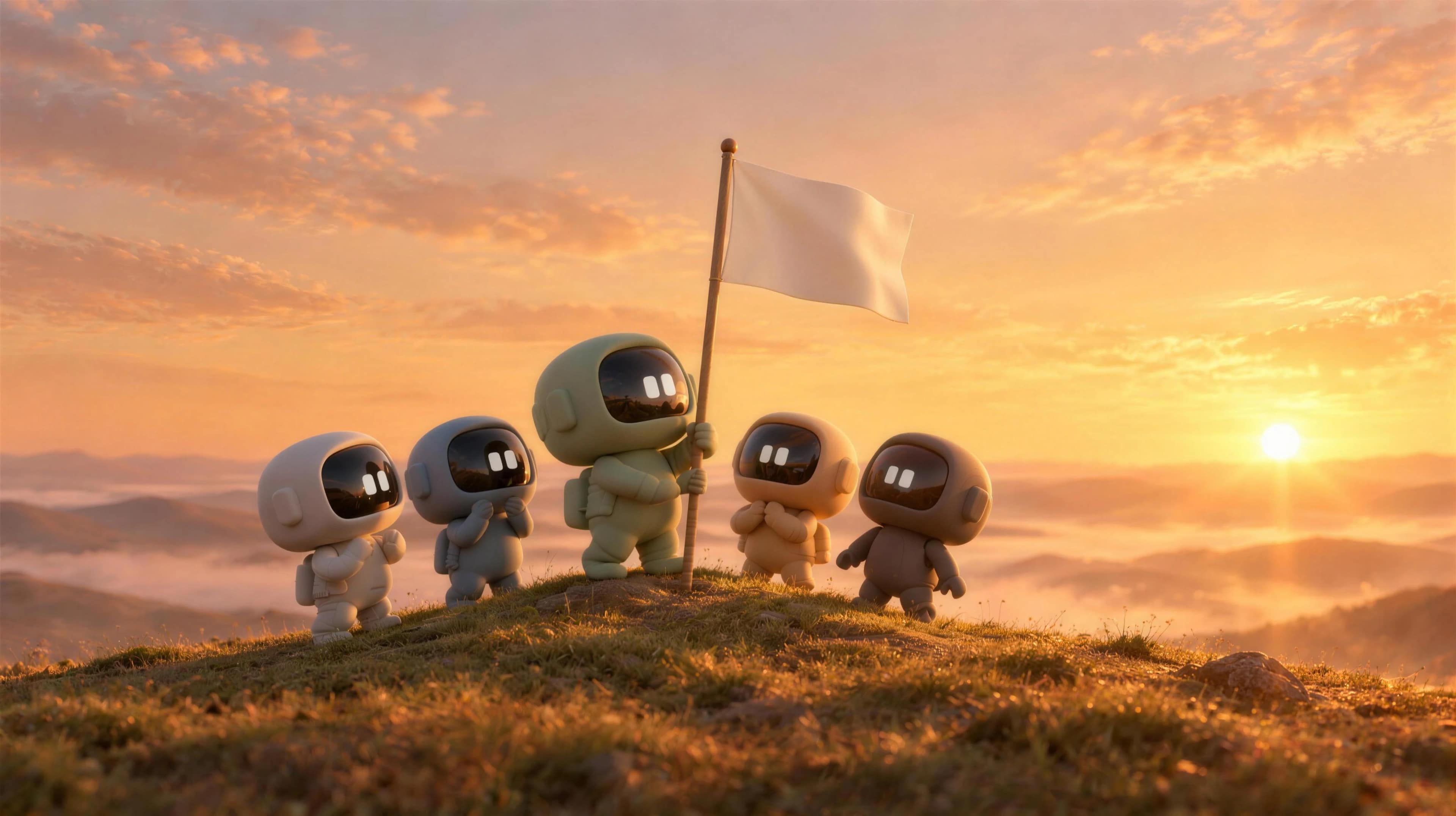 The five Cofoundy partners planting a small white flag on a hilltop at dawn